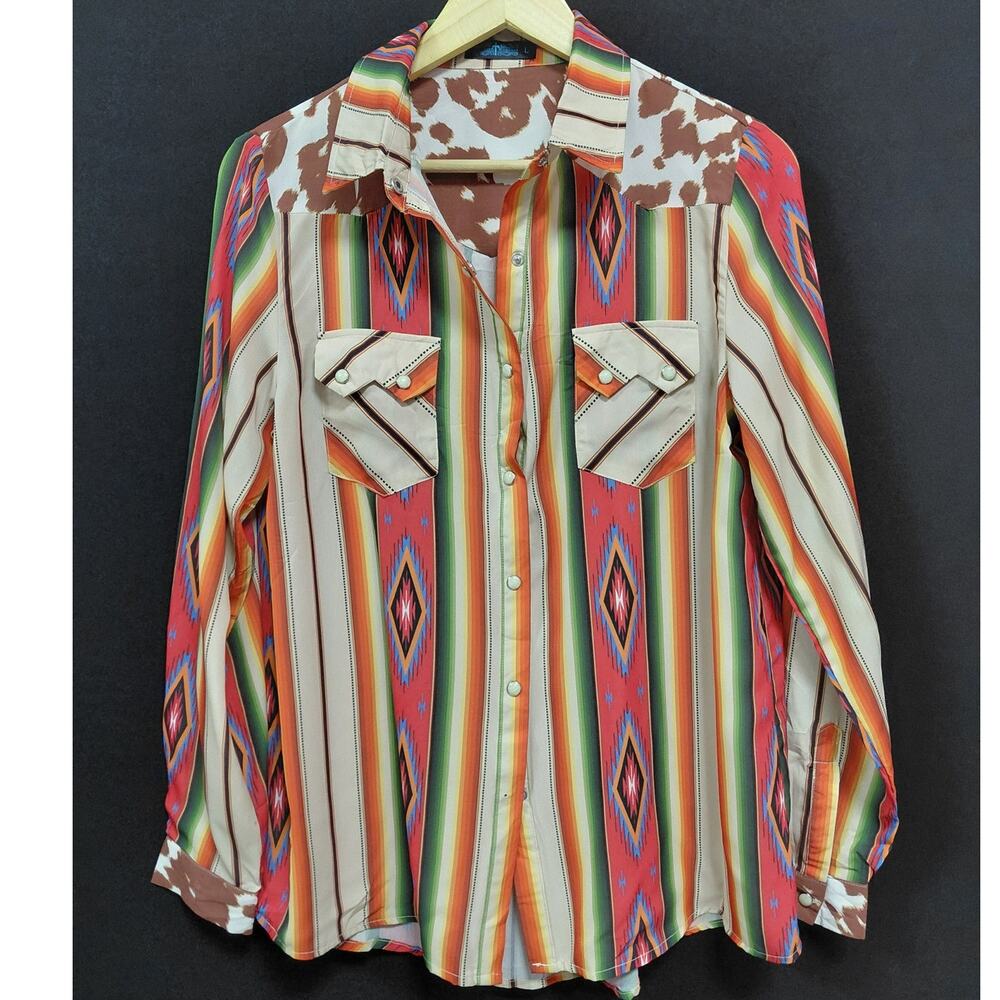 Fashion Express Striped Button-Up Shirt Multicolor Long Sleeve Collared Size L